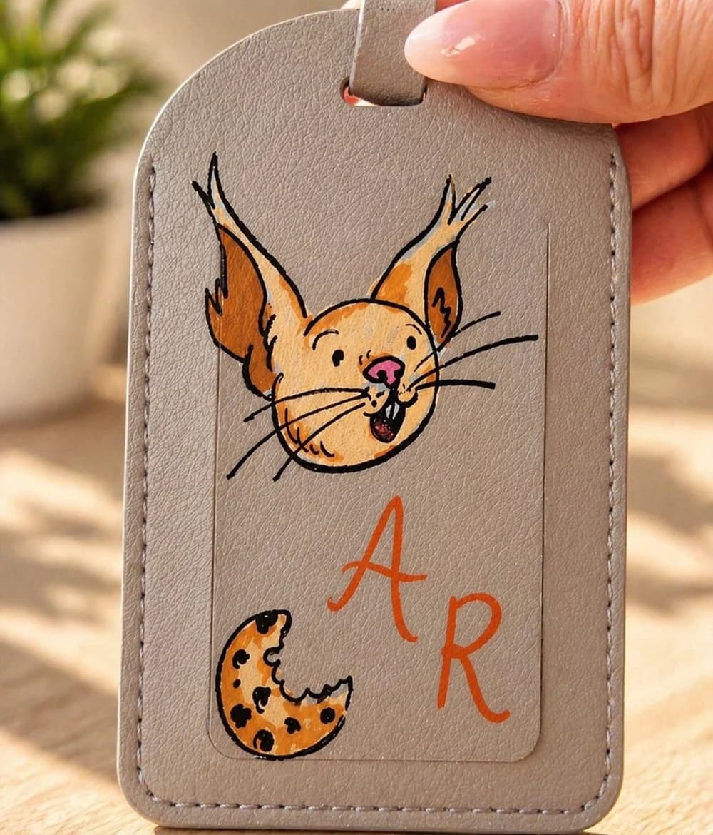 A pair of lilac leather luggage tags hand-painted with cat portraits.